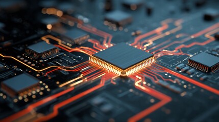 Fototapeta premium Illuminated circuit board with chips and glowing red electronic pathways