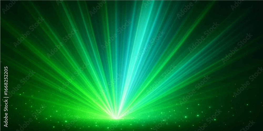 Poster green abstract background with glowing light rays and bright design elements