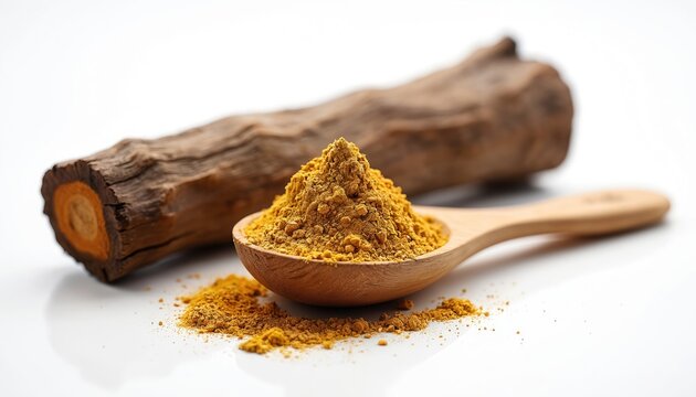 Catuaba bark and powder on wooden spoon. Brazilian food ingredient, herbal remedy, rustic cookery element. Natural, healthy ingredient for summer menu, diet planning, and healthy eating.