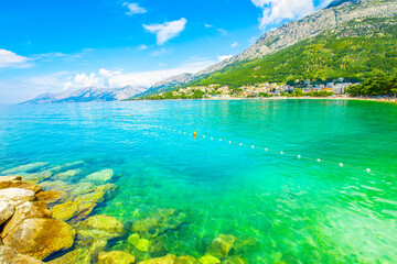 Scenic view of Makarska riviera shoreline, Baška Voda village, Croatia