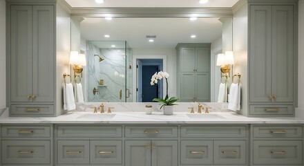 Fototapeta premium Serene Gray Master Bathroom - Elegant Double Vanity with Orchid Accents.