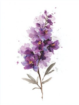 Watercolor Painting Of a Larkspur Flower on a White Background, Birth Flower Art With Hand-Painted Effect, July Flower