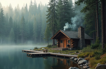 Cozy wooden log cabin with stone chimney sits beside tranquil lake, surrounded by tall pine trees in misty forest. Smoke rises from chimney, indicating warmth. Wooden dock extends into calm water