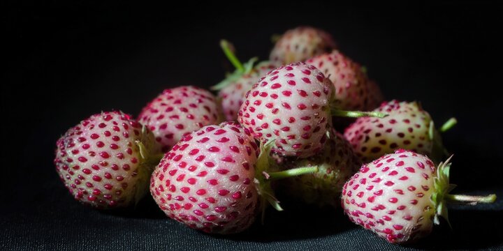 Vibrant pineberries, showcasing their unique pink and red color combination on a dark background.