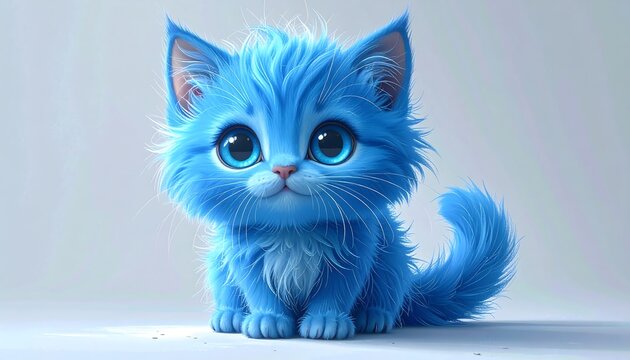 A charming, digitally rendered, adorable little blue kitten with big, expressive eyes sits against a simple, light gray background. - Powered by Adobe