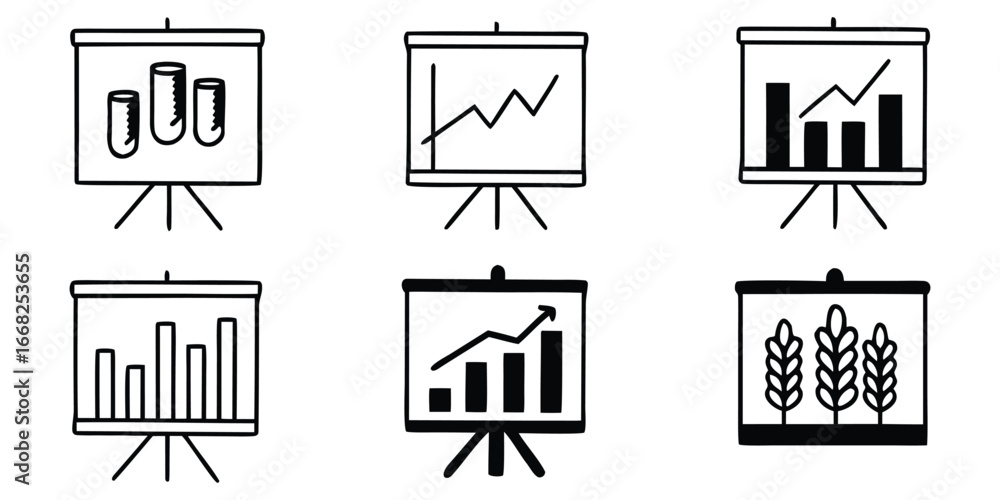 Aufkleber six hand drawn doodle style presentation boards with various charts and graphs flip chart easel