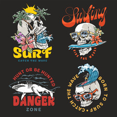 Surfing art featuring skulls and tropical elements