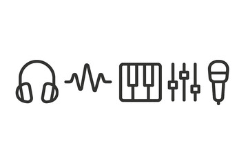 Music production icons: headphones, sound wave, keyboard, sliders, microphone