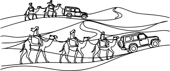 Obraz premium Line Art Illustration of Camel Caravan and SUVs in Desert Landscape