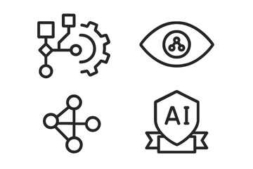 Abstract technology icons: network, gear, eye, shield for data and digital concepts