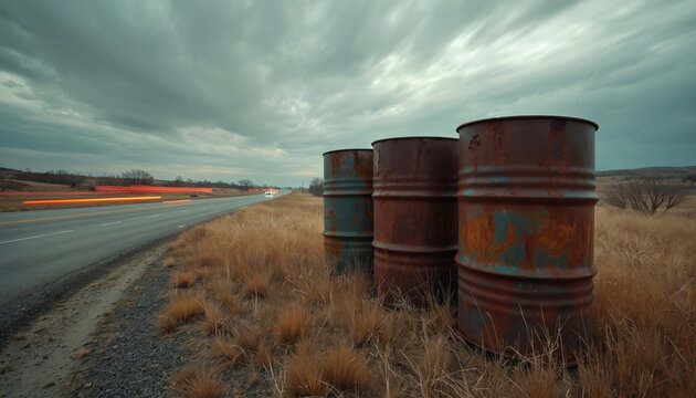 Three rusty metal barrels sit beside abandoned highway on cloudy day. Dry grass surrounds barrels, contrasting with streaks of light from speeding cars. Scene conveys desolation, environmental