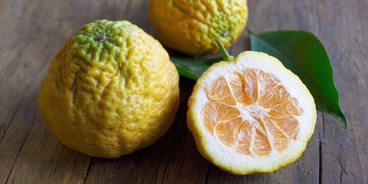 Vibrant ugli fruits, with one halved, showcasing their juicy orange segments on a wooden table.
