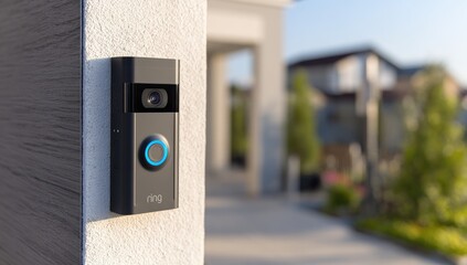 Modern doorbell camera mounted on light beige wall.  Blurred background shows houses and trees