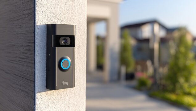 Modern doorbell camera mounted on light beige wall.  Blurred background shows houses and trees