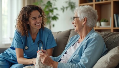 Nurse and senior woman smiling and talking while sitting on couch. Caregiver visits elderly lady at home, providing support and companionship. Health care service for aged people, assisted living.