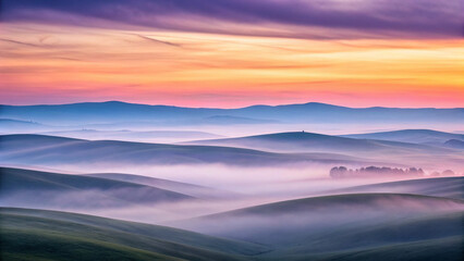 Fototapeta premium Rolling Hills Covered in Mist at Sunrise with Purple and Orange Sky landscape nature