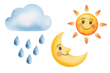 Cute watercolor sun, moon, cloud and raindrops with smiling faces. Playful watercolor weather collection for nursery design and kids decor.