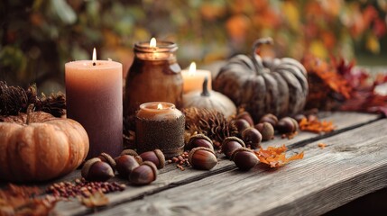 Warm autumnal table scene featuring pumpkins, candles, nuts, and vibrant fall foliage
