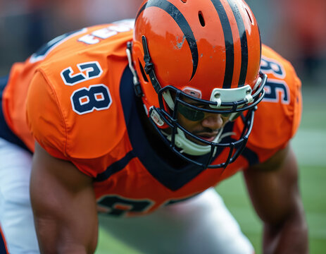 American football player in orange uniform, helmet, number 88, ready to play. Focused athlete crouched low on field, intense concentration before snap. Sports action shot team sport, competition. - Powered by Adobe