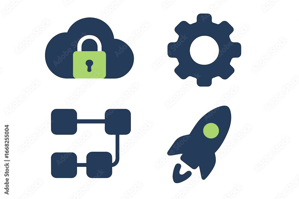 Poster cloud security and launch icons for workflow, minimalist flat design