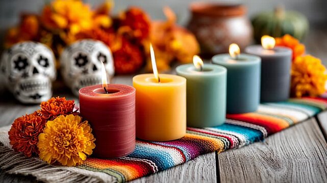 Colorful candles arranged on a woven table runner with marigold flowers and decorative skulls. Elements represent Day of the Dead celebrations in November.