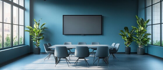 Modern Meeting Room with a Large Screen and Plants