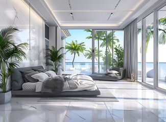 Luxurious modern bedroom with a king-size bed, marble floors, and a stunning panoramic ocean view with tropical palm trees.