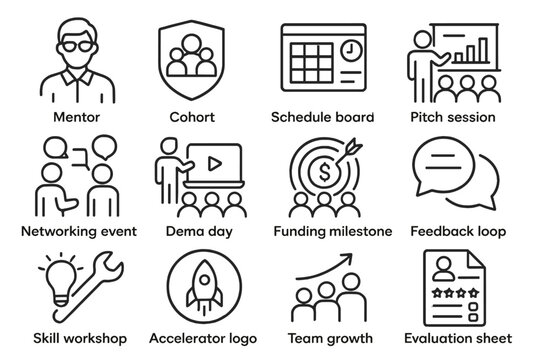 Startup Accelerator Icons. Outline vector icons of startup accelerator program: mentor icon, cohort badge,