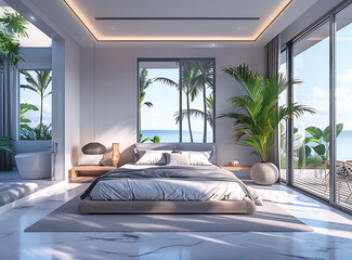 Luxurious modern bedroom interior with ocean view, palm trees, and elegant design.