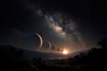 Exploring the vastness of space with planetary alignment over a mystic starfield during a stunning celestial event