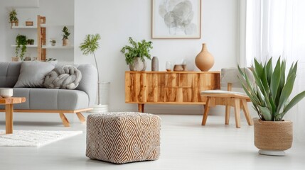 Bright living room with grey sofa, wooden cabinet, ottoman, houseplant and natural light