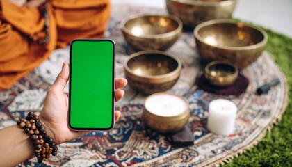 Hand holding smartphone mockup over singing bowls and candles