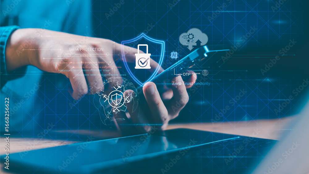 Poster cybersecurity and data protection concept with digital lock icon, shield, otp authentication, and ze
