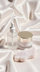 Luxury skincare set on soft satin fabric with elegant lighting