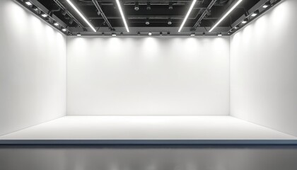 Minimalistic white trade show booth with blank panels, clean layout. Three-dimensional exhibition space featuring floor, backdrop illuminated by overhead lighting, perfect for product launch,