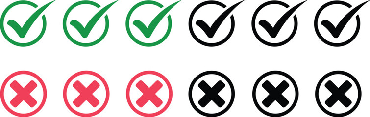Check mark icons, cross symbols, correct and wrong signs, approval graphics, validation elements, decision indicators