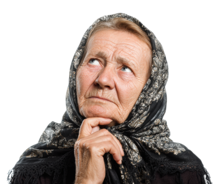 Thoughtful elderly woman in traditional scarf contemplating life, cut out transparent 
