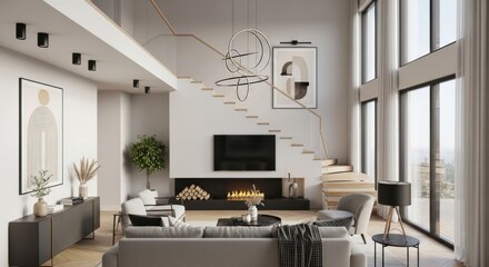 Elegant Double-Height Living Room with Floating Wooden Stairs and a Sculptural Ring Chandelier.