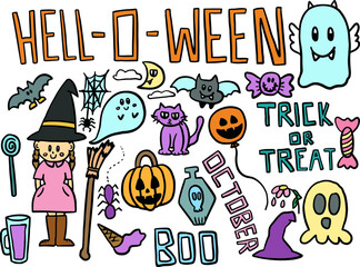 Hand drawn Halloween vector illustrations of a girl wearing witch hat, witch broom, bat, spider, pumpkin, TRICK or TREAT letters, ghost, head skull, poisonous drink, candy, pumpkin balloon, tombstone