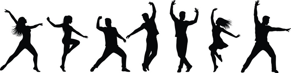 black silhouette dancers in various poses, energetic motion figures, dance icon set vector illustration, rhythmic performance concept, full body movement graphic design