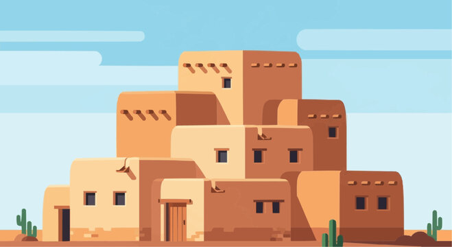 A flat design illustration of a traditional adobe pueblo village nestled in a desert landscape with cacti under a blue sky.