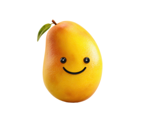 Happy mango character with smiley face and green leaf detail, cut out transparent 