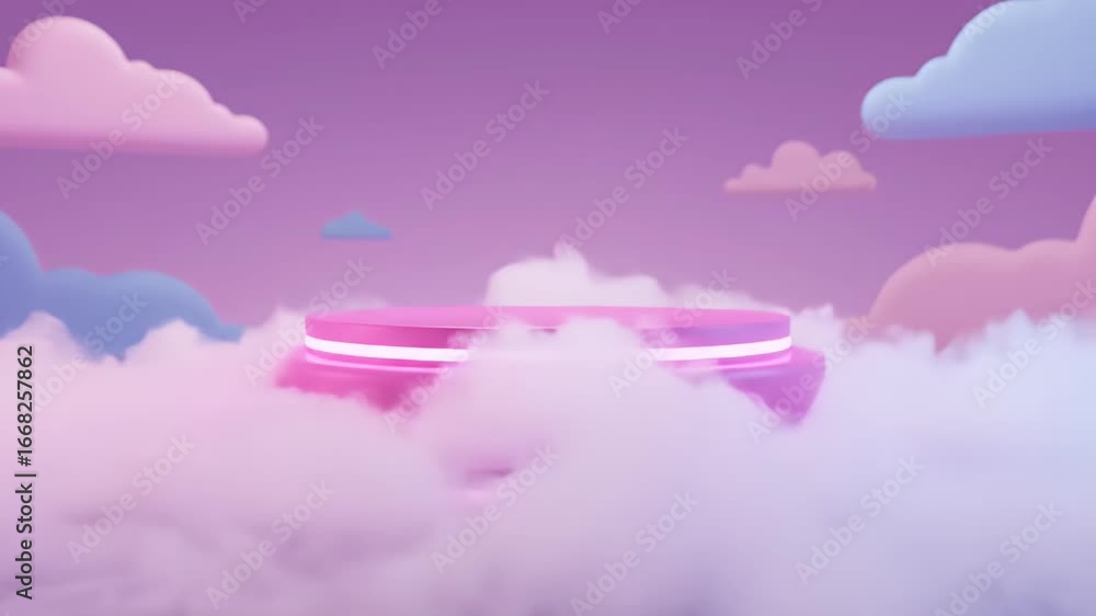 Poster pink platform with bright light surrounded by soft clouds in a violet scene