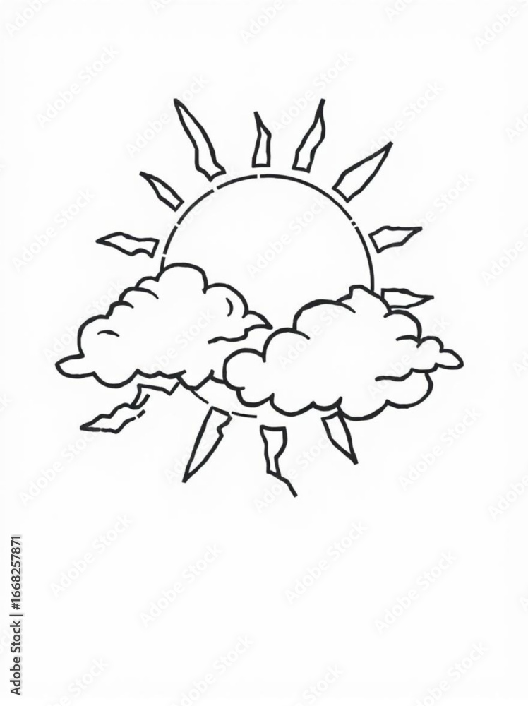 Poster minimilist illustration of a sun with rays partially obscured by two fluffy clouds in a line drawing