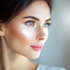 Fototapeta premium Beautiful woman with flawless skin and natural makeup, gazing thoughtfully to the side, showcasing elegance and confidence in a soft light environment