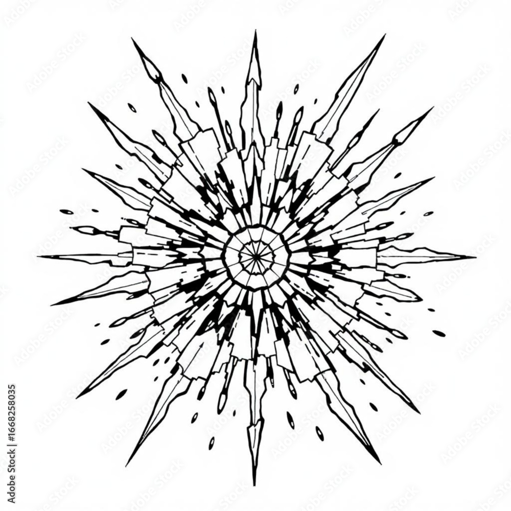 Poster minimilist detailed black and white illustration of a radial starburst pattern with sharp edges and 