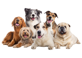 Obraz premium Six Joyful Dogs of Diverse Breeds Posing Together isolated on a transparent background