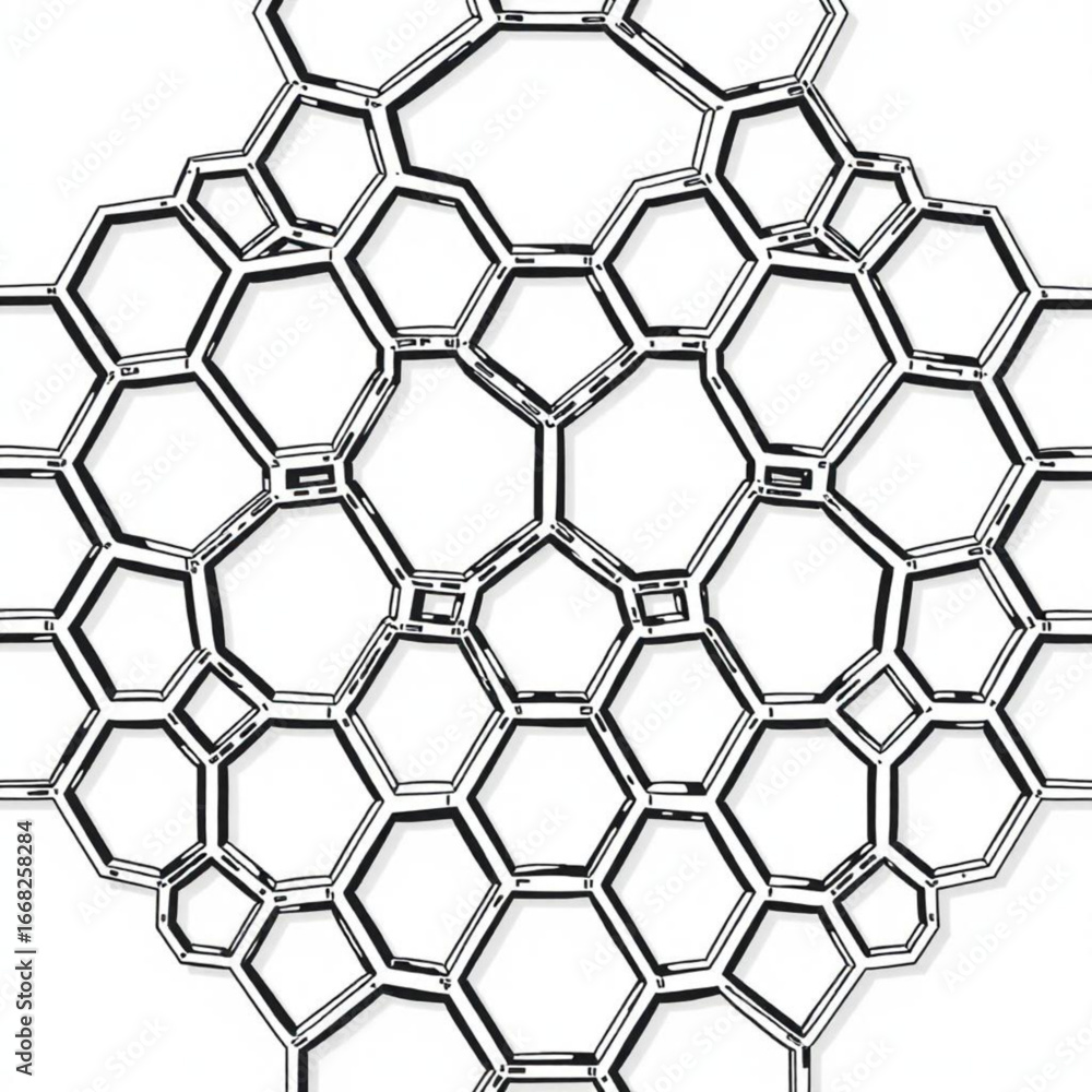 Poster minimilist interconnected polygons and hexagons forming a complex geometric structure with black out