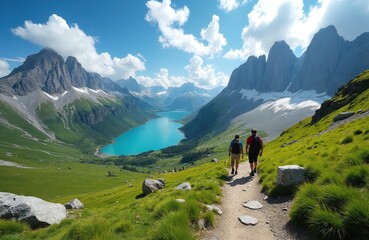 Fototapeta premium Hikers traverse scenic mountain trail leading towards pristine turquoise glacial lake in Alps. Towering rocky peaks, green meadows, vast valleys characterize breathtaking landscape, perfect for