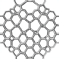 Minimilist interconnected polygons and hexagons forming a complex geometric structure with black outlines on white background vector